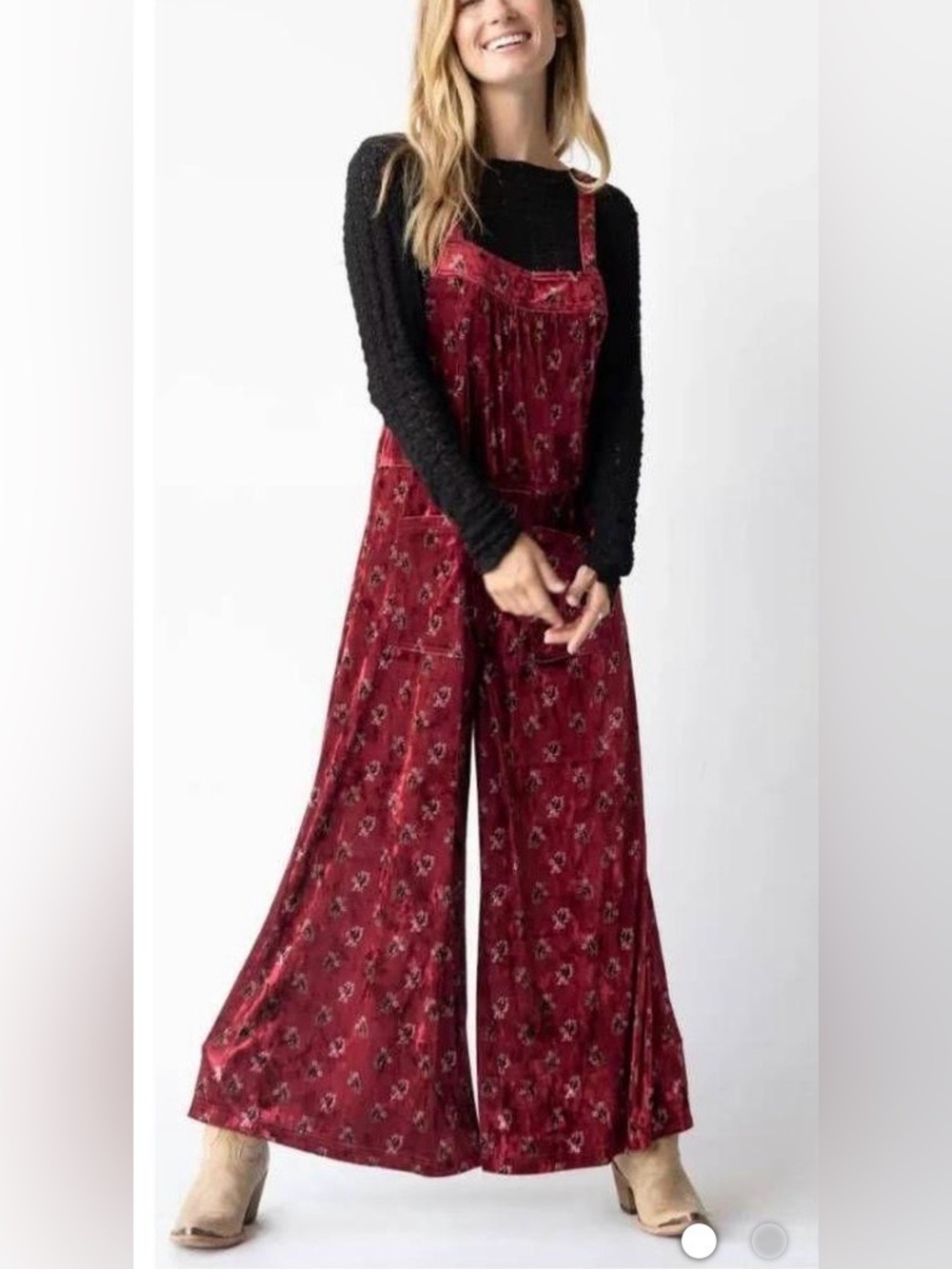 Natural Life Dakota Velvet Cranberry Floral Wide Leg Overall Jumpsuit Size XL